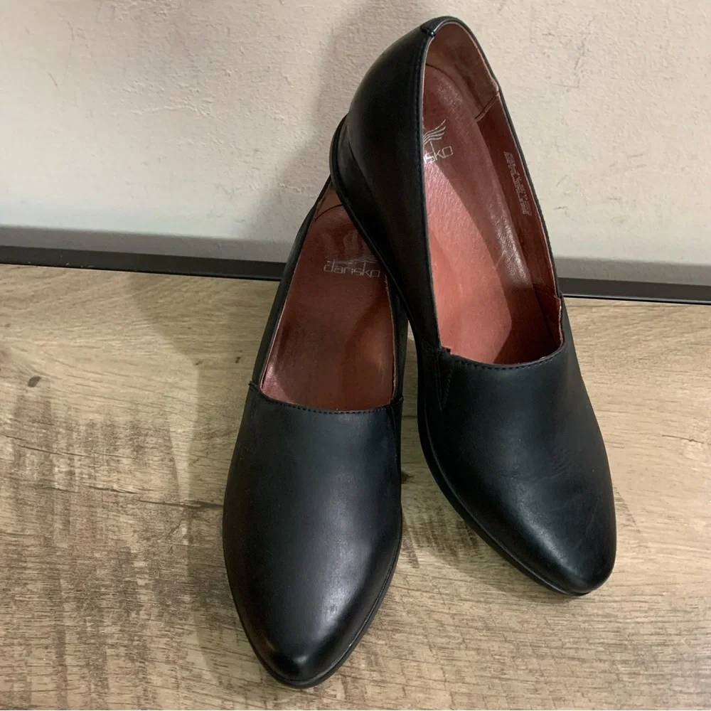 Dansko Black Leather Wedge Slip-On Pumps